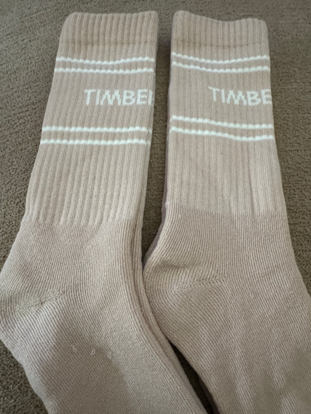 Timberland Unisex Beige Crew Socks with White Stripe Accents